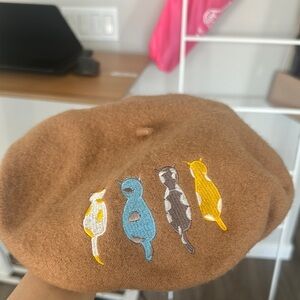 Brown Beret with Colorful Cat Embroidery